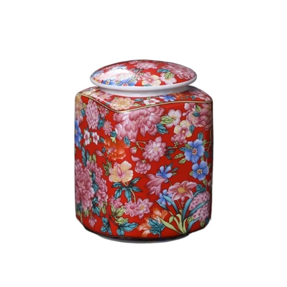 CHENGAIJIAN Tea Canister Retro Red Patterned Ceramics Loose Tea Tin Storage Caddy Container Tins Jar with Airtight Lid
