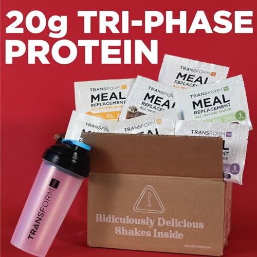 transformhq meal replacement shake variety box with pink shaker 7 single-serving shake packs