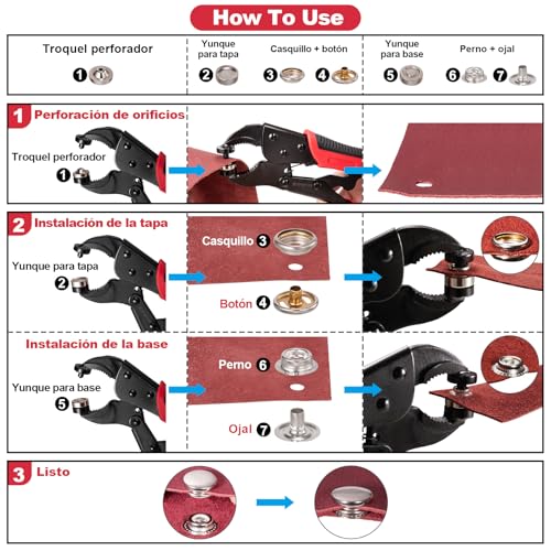 Miniatura 3 de Spurtar Kit De Cierre A Presión Resistente, Herramienta De Cierre A Presión Ajustable Con 3 Troqueles Y 40 Juegos De Botones De 15 Mm Para Cubierta De Barco, Tela De Cuero, Telas, Mezclilla, Lona