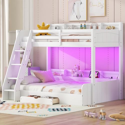 LZ LEISURE ZONE Twin Over Full Bunk Bed, Wood Bunk Bed with Shelves, LED, Charging Station and a Drawer, White