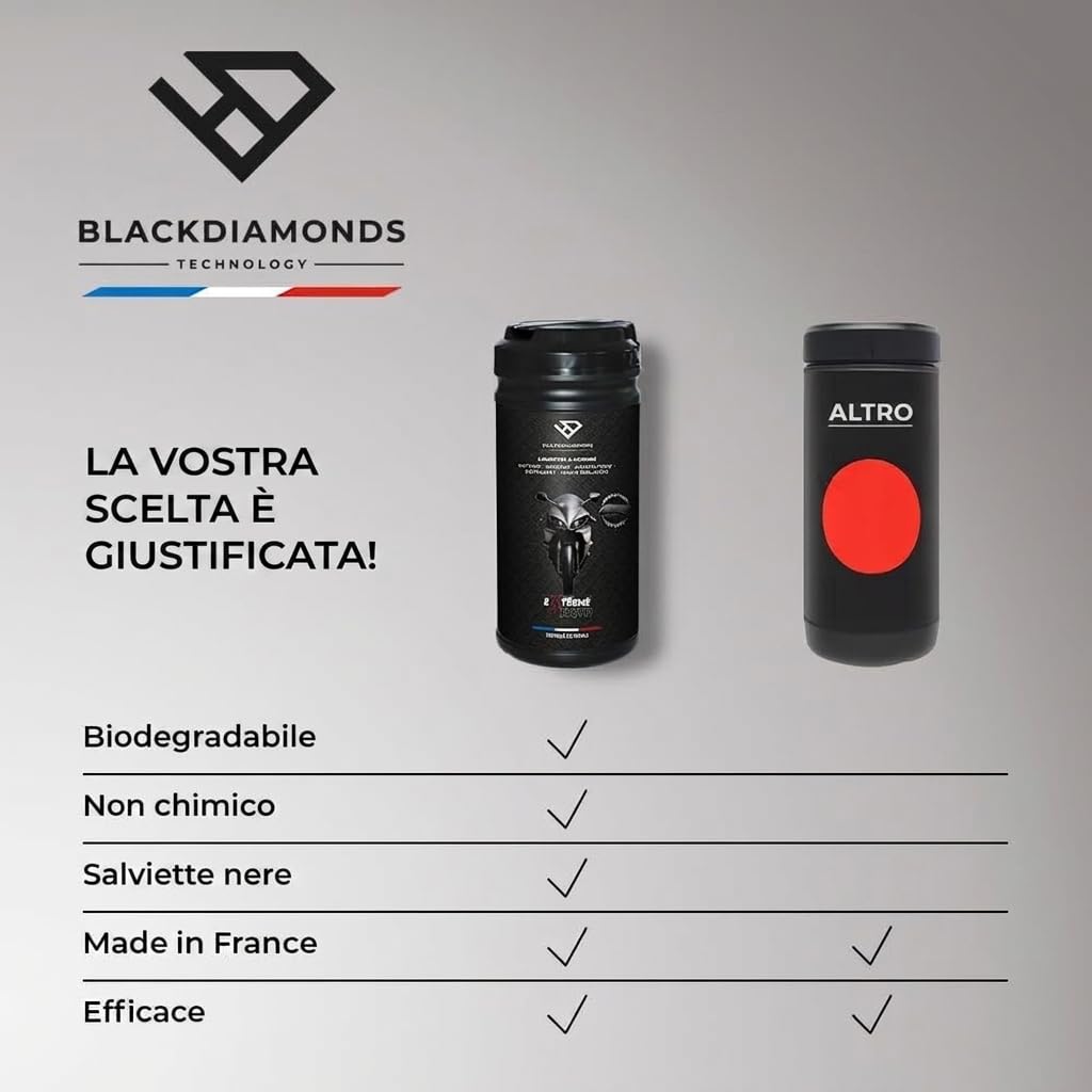 BlackDiamonds - Salviette Detergenti Per Moto - 5 Azioni - Puliscono, Proteggono, Antistatiche, Idrorepellenti E Massima Lucentezza - Biodegradabile - Senza Acqua Né Risciacquo - 80 Salviette