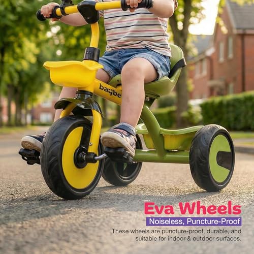 Image of Baybee Nova Baby Tricycle for Kids | Plug & Play Kids Cycle with Safety Belt & Front and Back Storage | Kid Cycle Trikes with Eva Wheels | Baby Cycles for Kid 2 to 5 Years Boys Girls (Green /Yellow)