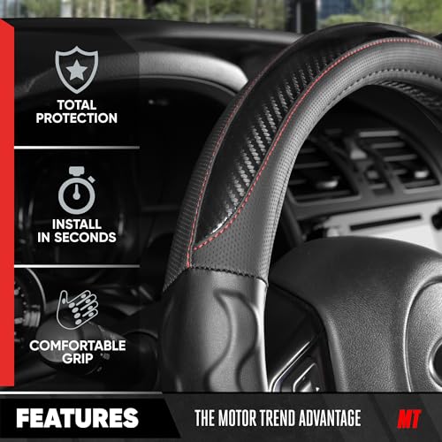 Image of Motor Trend Redline D-Shaped Steering Wheel Cover - Premium Flat Bottom Car Steering Wheel Cover, Black Faux Leather Sterring Wheel Cover, Standard 15 inch