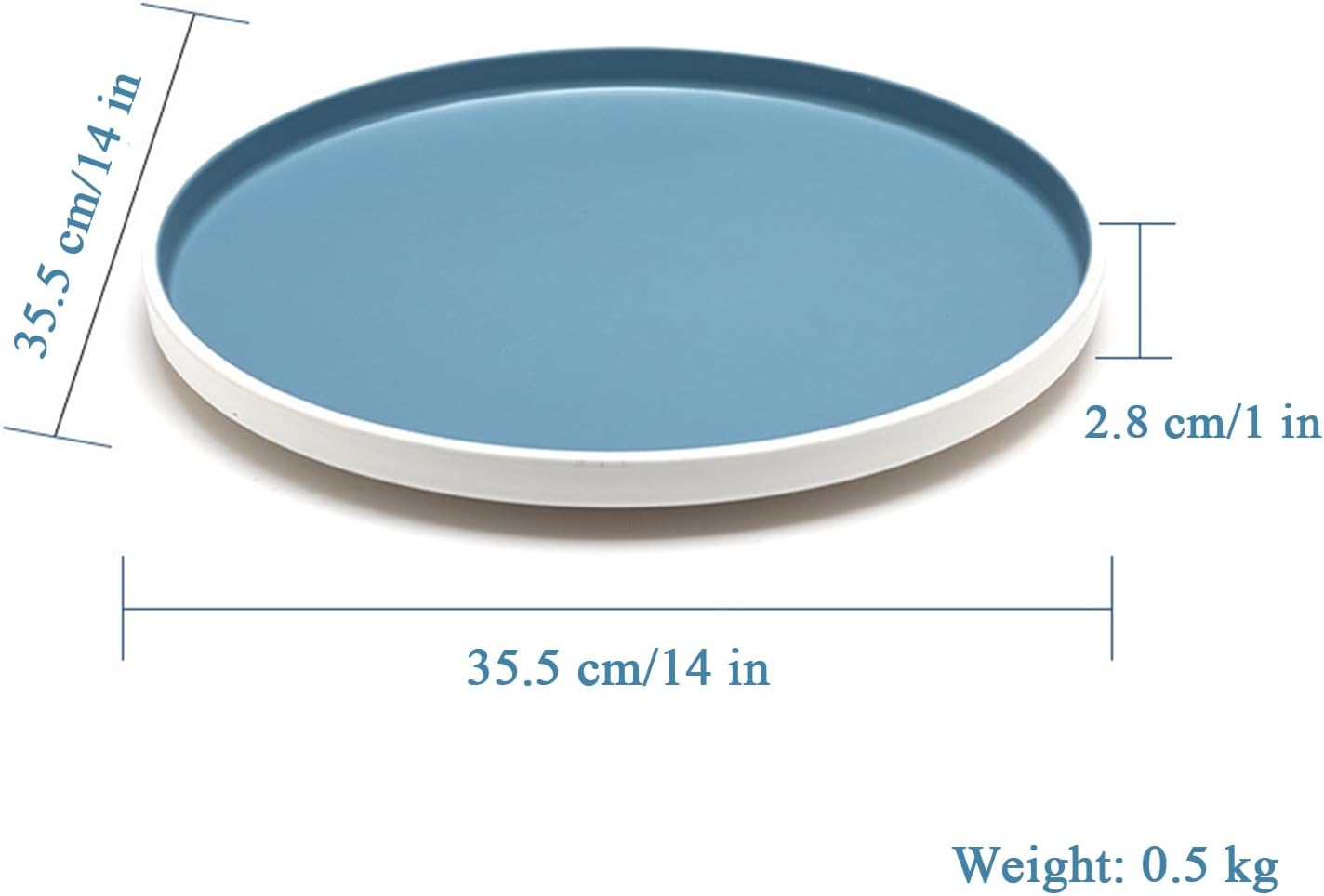 Decorative Serving Tray Round Food Tray Blue Coffee Table Tray Plastic Tray for Serving Food, Breakfast, Fruit, Snack, Drinks in Kitchen Living Room/Bedroom or Office
