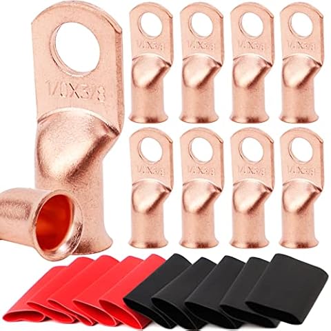 TKDMR 10pcs 1/0 AWG-3/8 Battery Lugs,Heavy Duty Wire Lugs,Ring Terminals,Battery Cable Ends,0 Guage terminals,Battery Terminal Connectors with 10pcs 3:1 Heat Shrink Tubing Cover