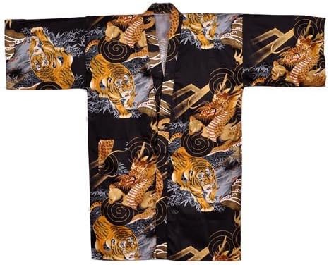 Japanese Men's Cotton 42"L Kimono Happi Coat Fortune Dragon & Tiger Design, Made in Japan