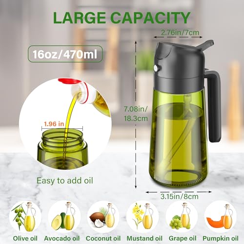 Vakoo Oil Sprayer for Cooking, 2 in 1 Oil Dispenser for Kitchen, 16oz/470ml Light-Blocking Dark Glass Olive Oil Spray Bottle, Air Fryer, Salad & BBQ (Black&Black) — view 5