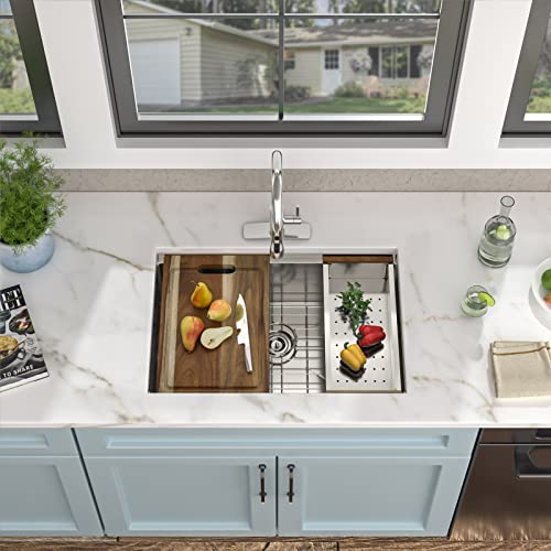 Image of 30 inchx18 inch Undermount Kitchen Sink - 16 Gauge 304 Stainless Steel, Ledge Workstation Under Counter Round Corners Single Bowl Sink Basin