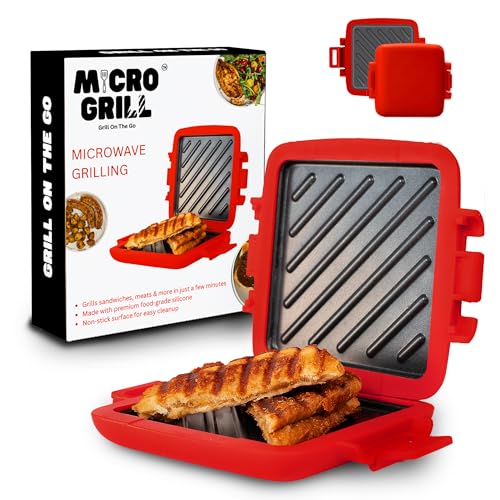 Microwave Sandwich Maker, Toaster, 4 Minute Grill, Grilled Cheese, Crispy, Toastie Maker, Panini Press, No Wire & Dishwasher Safe, Microwave Grill, Office, Home, Travel & School Dorms (Red)