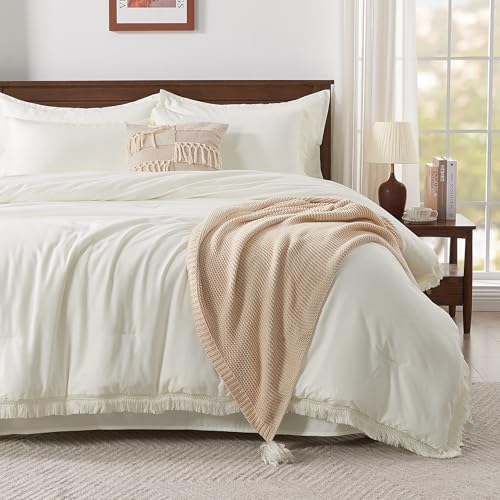 Image of Andency Ivory Queen Size Comforter Set with Sheets - 7 Pieces Boho Tassel Bed in a Bag Soft Lightweight Bedding Sets, Ivory Fringe Bed Set with Comforter, Sheets, Pillowcases & Shams