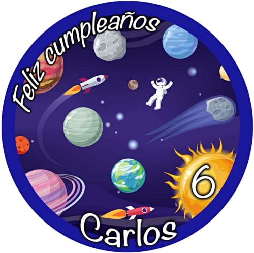 MDA Foto Comestible, OBLEA o Papel de AZÚCAR, ESPACIO EXTERIOR, ASTRONAUTA, Personalizada Foto con Nombre, Edad y Texto, para Tartas y Magladenas de Cumpleaños, Varios Tamaños. Disco 2