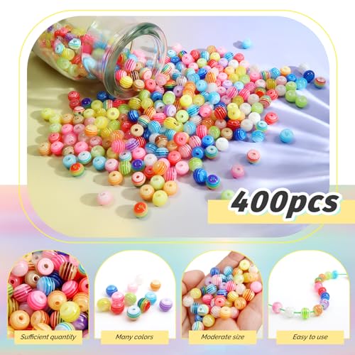TOAOB 400pcs 8mm Acrylic Round Beads Stripe Colour Beads with 30m Rainbow Colour Elastic Cord for Handmade DIY Bracelets Necklace Jewelry Making - Image 3