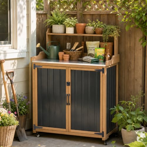 Image of PetsCosset Potting Bench with Storage, Mobile Outdoor Cabinet with Wheels