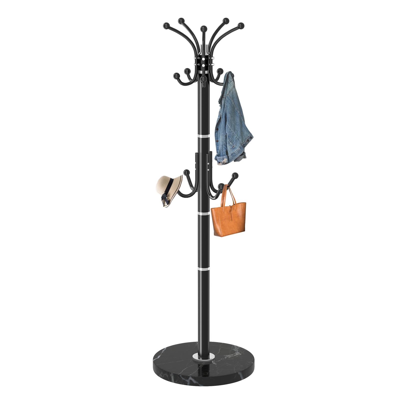 Snaikor Metal Coat Rack Stand with Natural Marble Base, Modern Coat Rack Freestanding, 360°Rotary Coat Racks with 14 Hooks, Black Coat Stand Hall Tree Hanger Stand for Entryway, Office，Corner