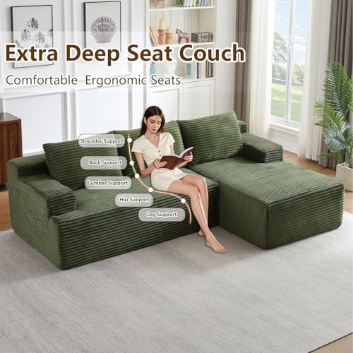 Image of 96.1 inch Modular Sectional Sofa Couches L-Shape Couch 3 Seat Modular Sofa Corduroy Memory Foam Sectional Boneless Couches for Living Room, Cloud Couch with Oversized Chaise(Green, Right Facing)