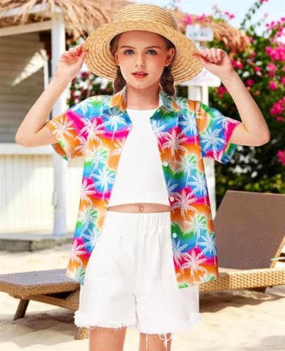 Image of Remimi Unisex Kids 4th of July Button Up Shirt Boys American Flag Print Hawaiian Beach Short Sleeve Tops 5-14 Years