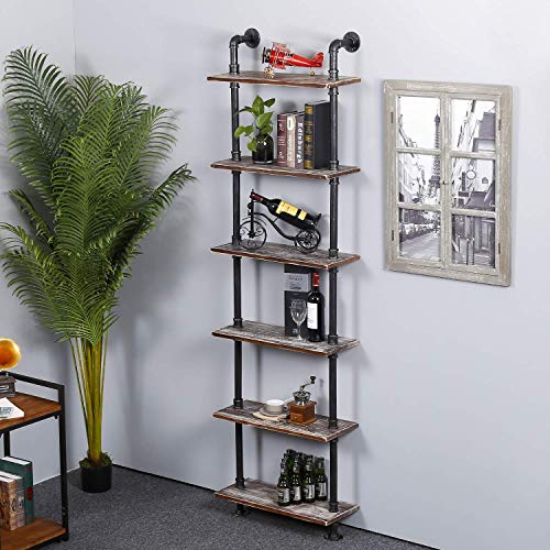 Diwhy 24”Width Industrial Pipe Shelves Rustic Modern Wood Ladder Bookcase With Metal Frame,Pipe Wall Shelf,Wood Storage,Home Decor,Display Shelving,Retro Floating Wood Shelving,6 Layer Bookshelf #TOP1