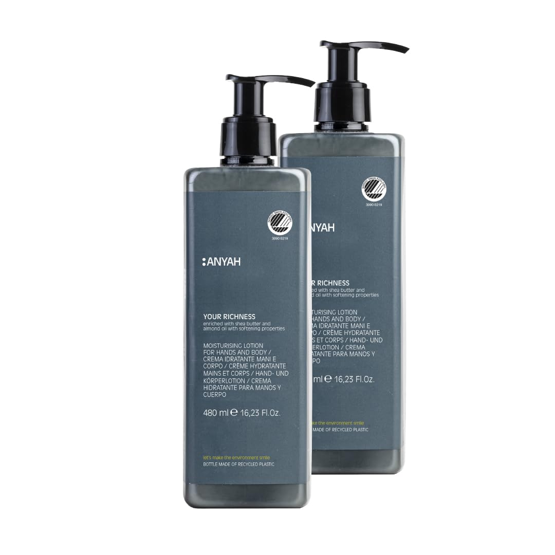 Anyah - Handlotion & Körperlotion – 2x480ml - Nachfüllbare - Feuchtigkeitscreme - Dermatologisch Getestet - Mit Bio-Samenöl & Rosmarin Extrakt - Made in Italy