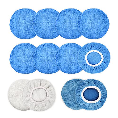 AVA Prime 12 Pack Polishing Bonnet Pads 7-8 Inch Buffer Cover- 8pcs Microfiber, 2pcs Synthetic Woollen Waxing,2pcs Soft Coral Fleece Bonnets for Car Polisher
