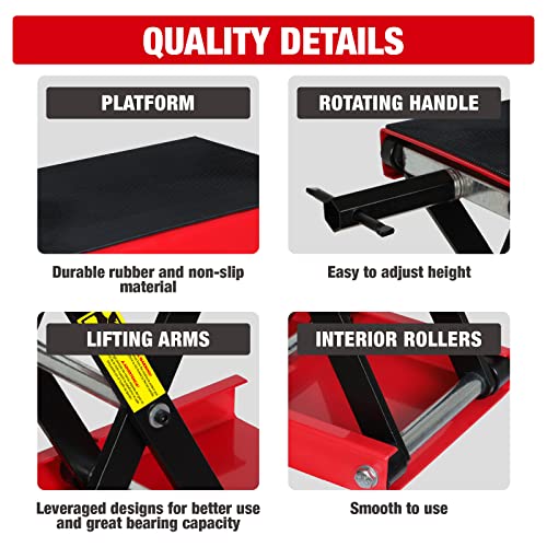 Image of Big RED ATRM01101R Torin Portable Steel Motorcycle Lift Scissor Jack: Wide Deck Hoist Stand for ATV, UTV Snowmobile Maintenance, Capacity 1100lb, 1100LBS