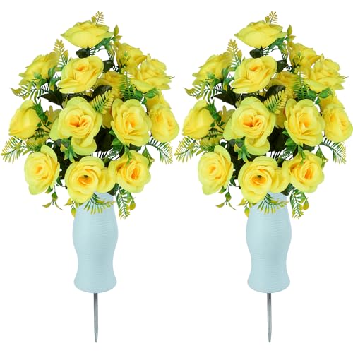 Artificial Cemetery Flowers with Vase, Headstone Flowers Rose Bouquet, Graveyard Memorial Flowers for Grave Arrangements Set of 2 (Yellow-18Y)