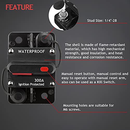 Hamolar 3 Pack 300A Circuit Breaker With Manual Reset Fuse Holder For Car Audio Marine Boat Stereo Switch, With Wire Lugs Copper Washer #TOP3