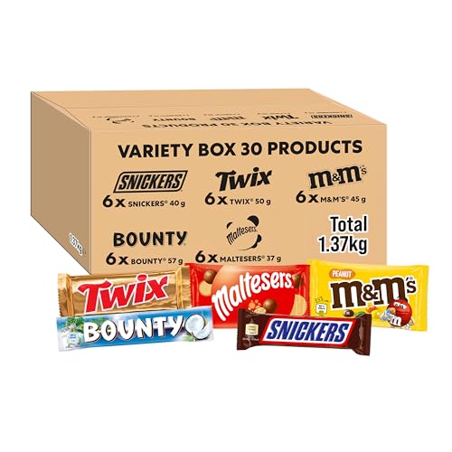 Mixed Chocolate Bars Bulk Box 30 Pieces (1.37kg) Variety Chocolate Bars Multipack with M&Ms Snickers Twix Bounty & Maltesers Milk Chocolate Sweets Chocolate Gift Box Sharing Snacks