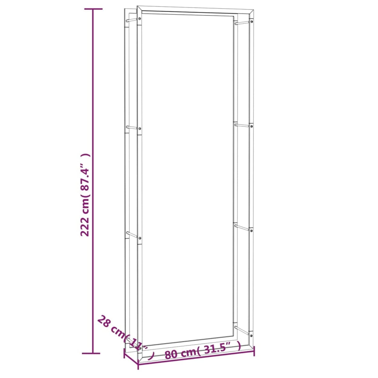 Homgoday Leñera negra mate 80 x 28 x 222 cm de acero, leñera de interior, estante de madera para chimenea y estufa