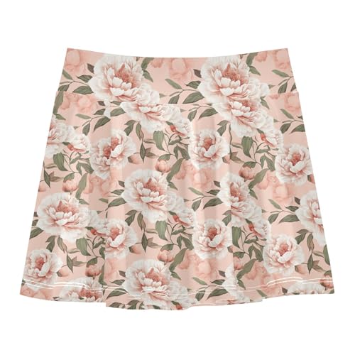 JUNZAN Vintage Peonies Tennis Skirts for Girls with Shorts Kids Pleated Skort with Pockets Flowy Little Girl Skorts