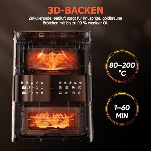 Heißluftfritteuse Doppelstapel mit Sichtfenster, Double Stack Kammern 10L Airfryer,10-in-1 Voreingestellten Programmen, Touchscreen, Intelligente und Timer, Energiesparend, Friteuse ohne Öl, Schwarz - 2