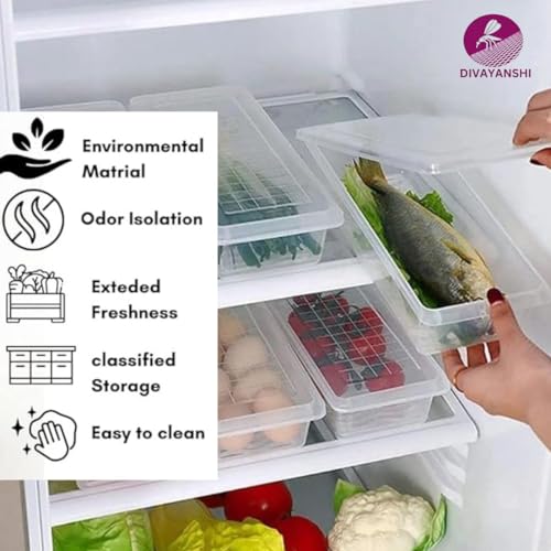 Image of DIVAYANSHI Fridge Storage Containers (Pack Of 5), Fridge Organizer with Removable Drain Plate & Secure-Sealing Lids, Fridge Storage Boxes Keep Fruits, Vegetables Fresher, Container Box, 1500 ML