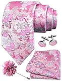 GUSLESON Mens Pink Tie for Wedding Silk Floral Necktie Pocket Square Cufflinks and Lapel Pin Brooch Set (6107-29)