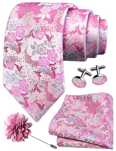 Image of GUSLESON 3.15 inch（8cm） Mens Floral Tie and Lapel Pin Necktie Hankerchief Cufflinks Set for Men