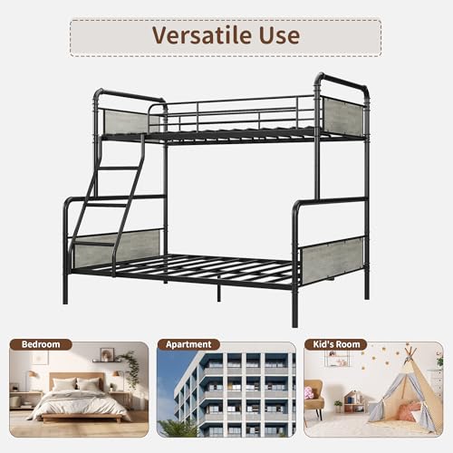 GarveeHome Metal Bunk Bed Twin Over Full Size with Angled Ladder, High Guardrail, Heavy Duty Bunk Bed Frame with Metal Slats, Smooth Rounded Edges, for Kids, Teens, Adults, Black+Grey