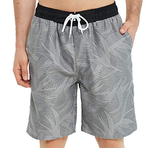 KAILUA SURF Mens Swim Trunks Long, Quick Dry Mens Boardshorts, 9 Inches Inseam Mens Bathing Suits with Mesh Lining (Grey Leaves, S)