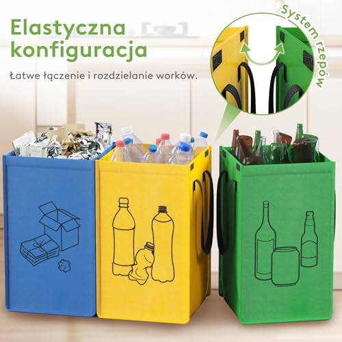 Lifewit System segregacji śmieci do kuchni, 3 przegródki na papier, szkło i plastik, pojemniki z recyklingu, pojemnik na odpady i butelki na kaucję, 3 x 45 l, łatwe opróżnianie