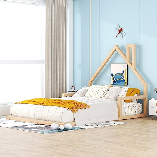 YOUJUNER Full Size Wood Floor Bed with House-Shaped Headboard, Wooden Bed Frame for Girls Boys Bedroom Furniture