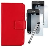 Gukas 4in1 PU Leder Hülle Für Doro Liberto 820 Mini Lederhülle Handyhülle Tasche Rot Handy Flip Brieftasche Schutz Protektiv Hülle Cover mit Ultra-Klar HD Schutzfolie Folie Kapazitive Schirm Stylus
