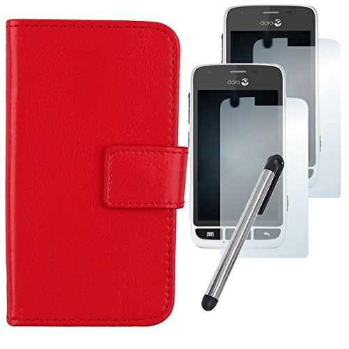 Gukas 4in1 PU Leder Hülle Für Doro Liberto 820 Mini Lederhülle Handyhülle Tasche Rot Handy Flip Brieftasche Schutz Protektiv Hülle Cover mit Ultra-Klar HD Schutzfolie Folie Kapazitive Schirm Stylus