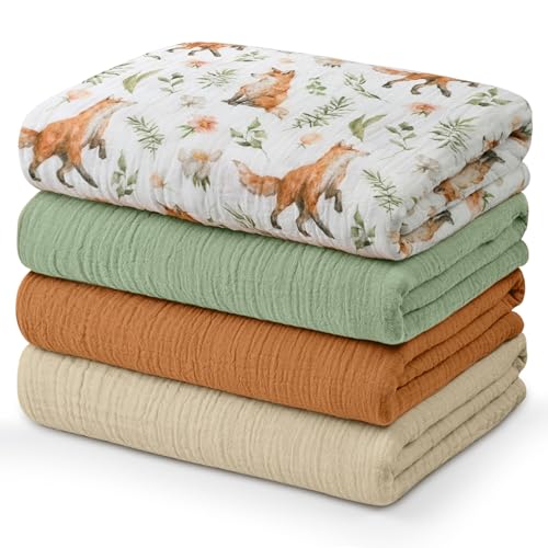 Image of Muslin Swaddle Blankets for Newborn, 4 Pack Breathable Soft Receiving Blanket, Large 38 x 40 inches Swaddle Wrap Burping Clothes, Essentials Infant Shower Items, Toddler Gift (Forest Fox)