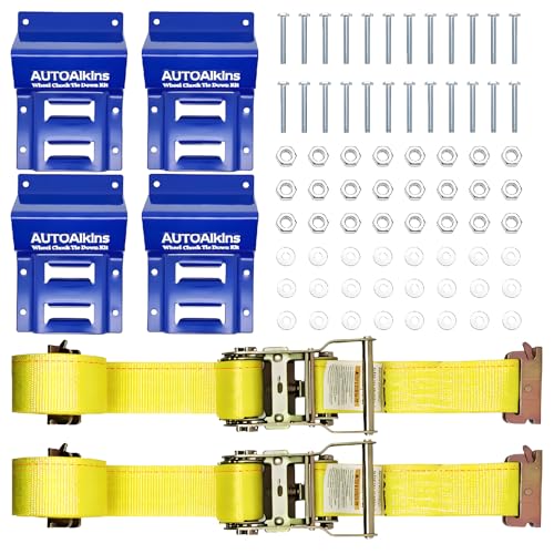 AUTOAlkins Wheel Chock Tie Down Kit 4 400lb Break Strength 2 Heavy Duty E-Track Tire Ratchet Straps & 4 Steel Wheel Chocks Complete Trailer Tie Down System for ATV UTV Lawn Mower & SxS (Blue)