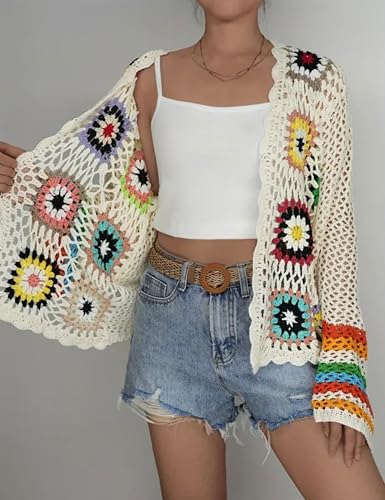 Womens Vintage Crochet Granny Square Cardigan Floral Knitted Y2K Retro Long Sleeve Open Front Boho Chic Sweater2