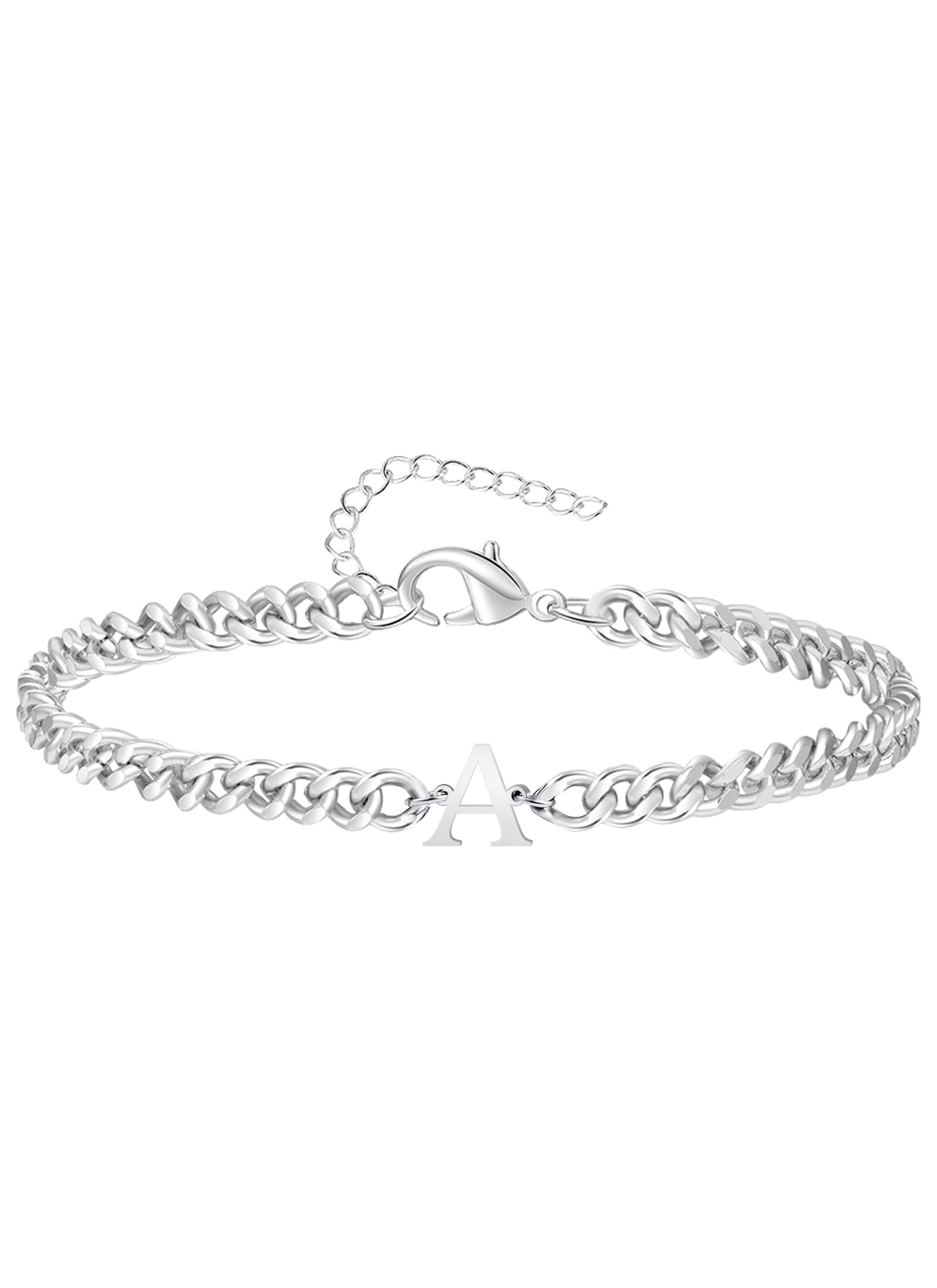 Bracelet Gourmette Personnalisable Lettre A-Z – Acier Inoxydable Argenté – Longueur Réglable 20+5 Cm – Pour Homme/femme – Cadeau
