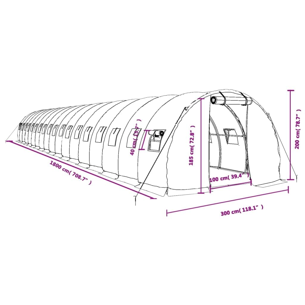Serra con telaio in acciaio bianco, 54 m², 18 x 3 x 2 m, per giardinaggio hobbistica, piante, verdure, erbe, fiori, aiuola, casa per pomodori, resistente alle intemperie, antigelo, con porta e
