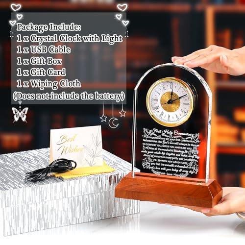 Image of Ornalrist First Holy Communion Gifts for Girls Boys, Glass Clock for First Communion Baptism Gifts for Granddaughter Goddaughter with Wooden Light Base, Christening Christian Gift Ideas