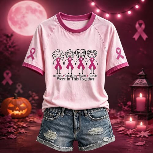 Breast Cancer Shirts for Women in October We Wear Pink Halloween Shirts Tee | Breast Cancer Awareness Shirts Women Pink Ribbon Short Sleeve Tops Pumpkins Ghost Graphic T-shirt Cancer Survivor Tshirt - image 3