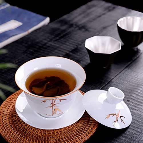 Porcelain Gaiwan 8Oz Teacup White Glazed Tureen Chinese Sancai Cover Bowl Lip Cup Saucer Set (Bamboo) #TOP2