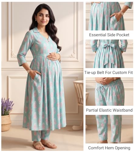 Image of DUMMY SHAPE Maternity Dresses for Women Cotton | Floral Kurta Pant Dupatta Set with Nursing Zippers, Side Pocket | Pre & Post Pregnancy | Feeding Kurti Suit | Baby Shower | Gifts for Pregnant Woman