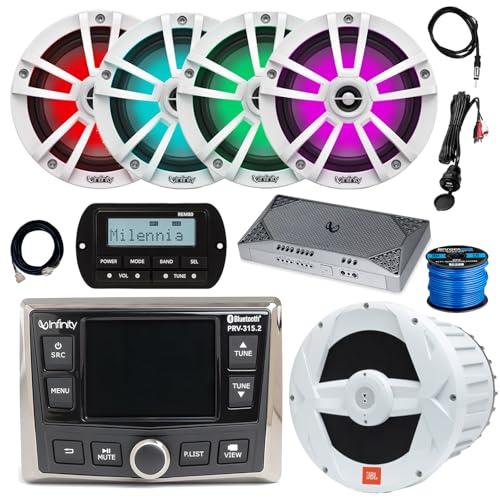 Infinity PRV-315.2 Marine Gauge Hole Mount Bluetooth AM/FM/WB Radio Receiver, Remote, Extension, Amplifier, Wire, USB Adapter, Antenna, 10