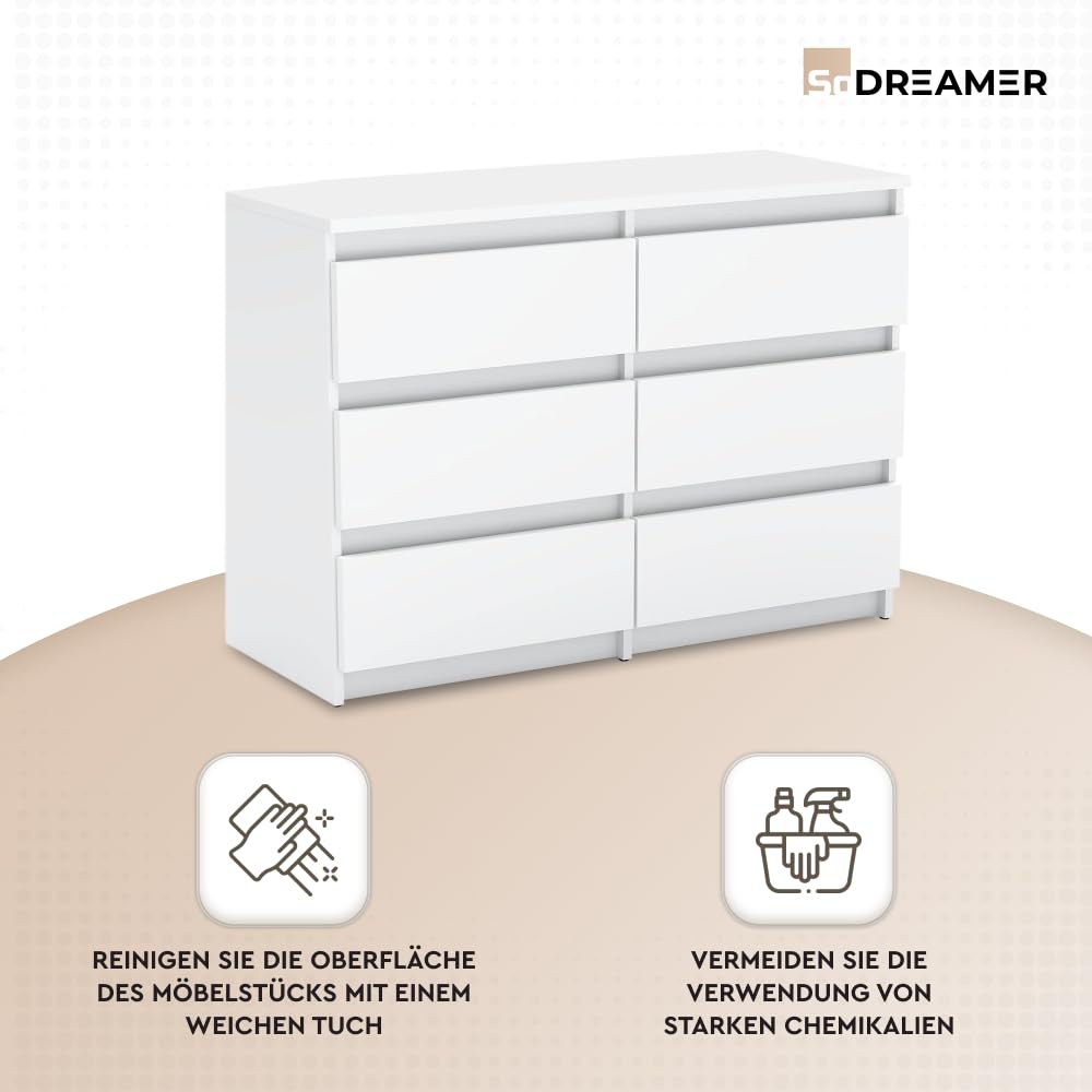 Kommode mit 6 Schubladen Weiß | 100x33x71 cm| Große geräumige Schubladenschrank | Ideal für Schlafzimmer, Wohnzimmer, Kinderzimmer und Büro